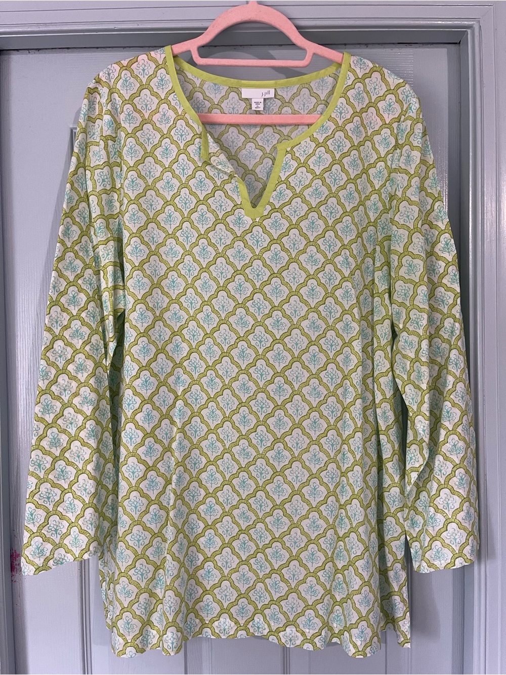 J. Jill Green and White Geometric Split-Neck Long Sleeve Top